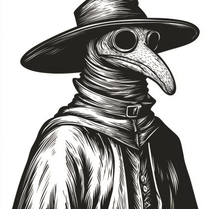 An engraving of a plague doctor on a white background, drawn by hand.