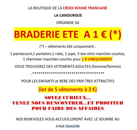 BRADERIE VETEMENTS ETE LA CROIX ROUGE LA CANOURGUE